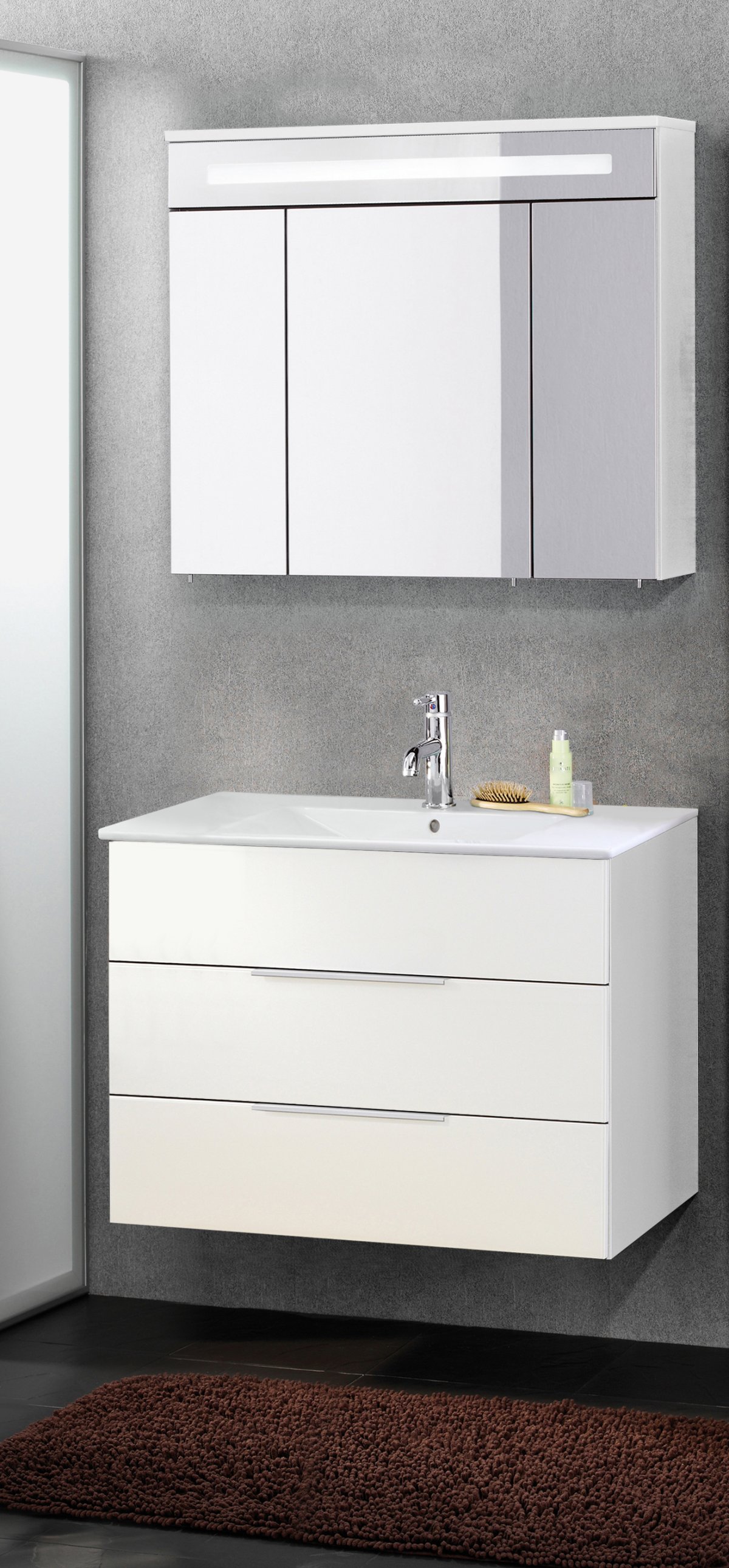 Kara LED Spiegelschrank Korpusfarbe: Weiß Matt Frontfarbe: Weiß - Glas lackiert