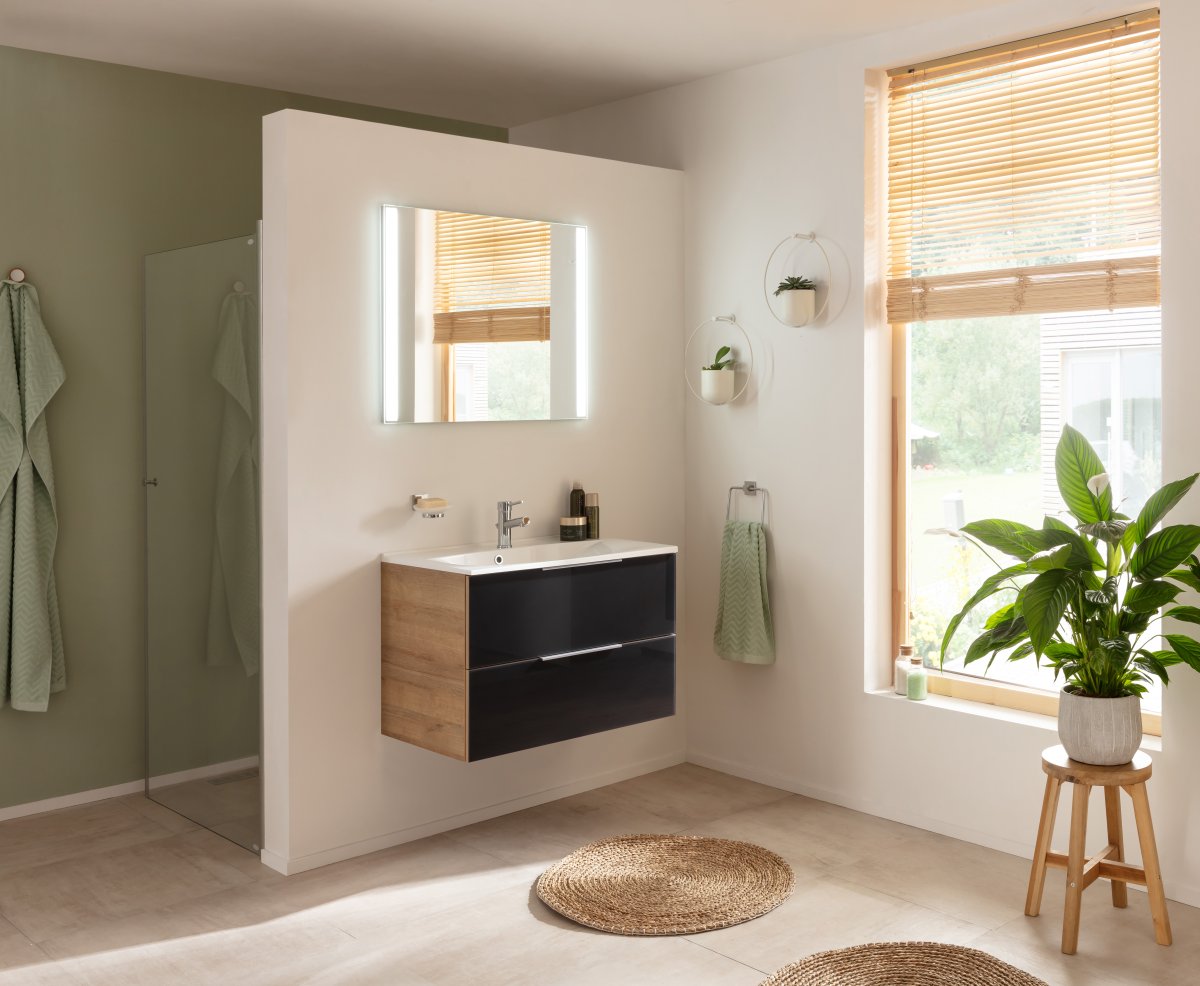 B.brillant Badmöbelset 80cm - Ast Eiche - Glas Anthrazit - Gussmarmor Waschtisch