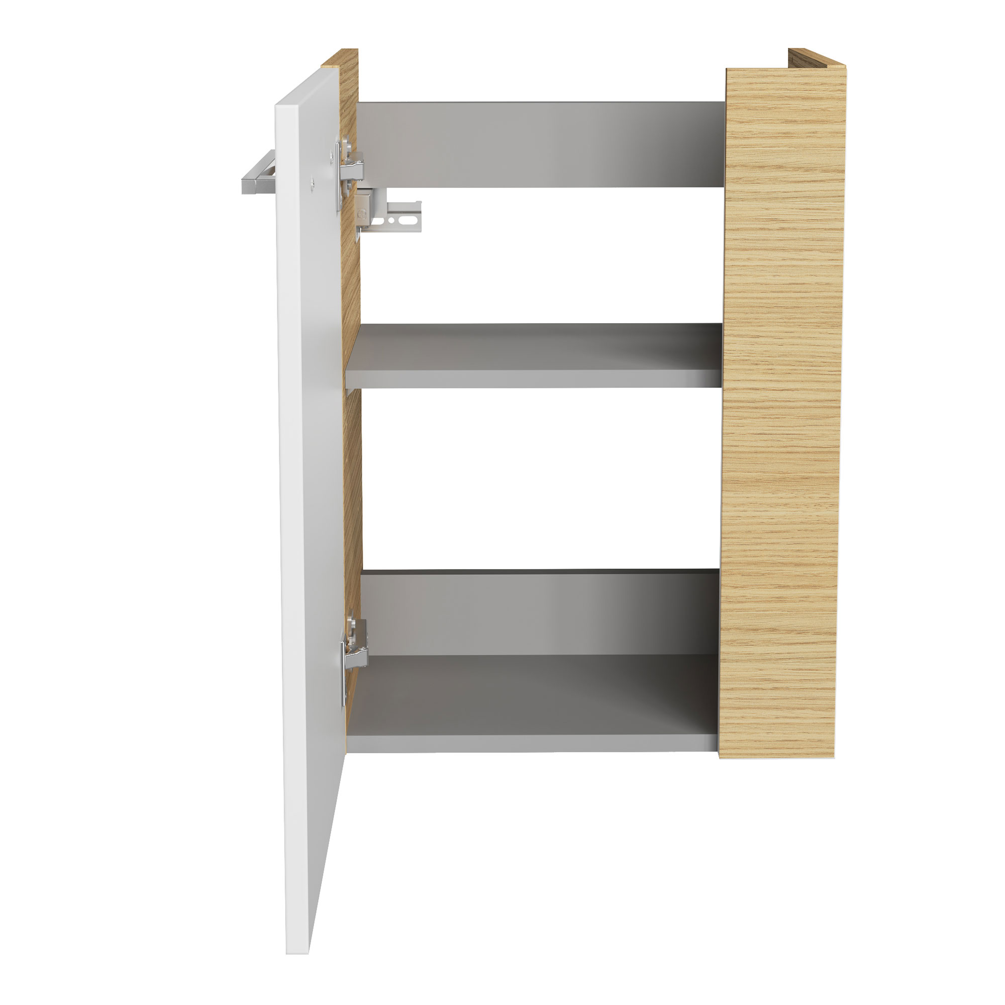 SBC Beckenunterschrank 45 - Front Weiß Hochglanz - Korpus Sandeiche - Linksanschlag