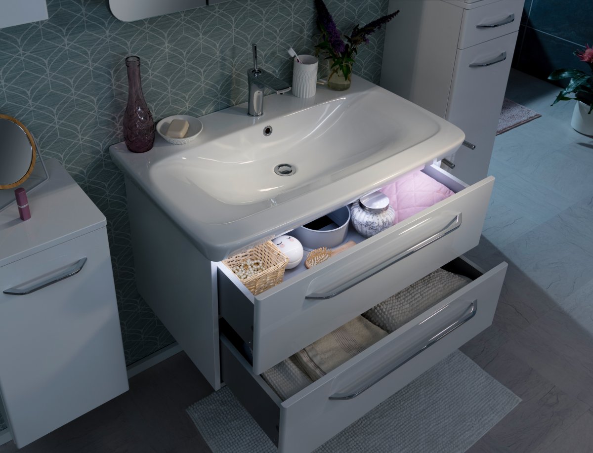Milano Waschtischunterschrank 80cm - Weiß Hochglanz - Weiß Matt