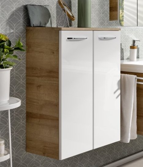 Milano Doppel-Midischrank - 60 cm - Weiß Hochglanz - Ast Eiche