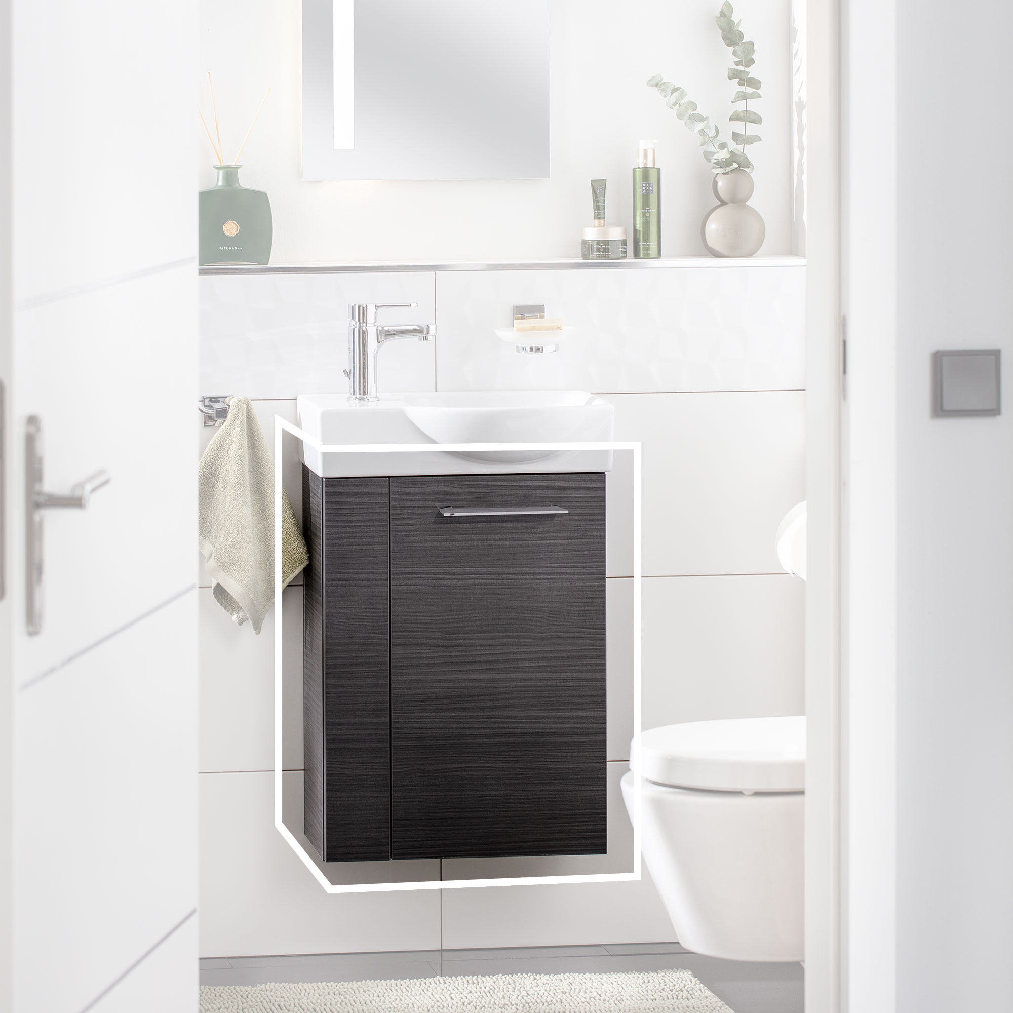 SBC Beckenunterschrank 45 - Front Dark-Oak - Korpus Dark-Oak - Rechtsanschlag