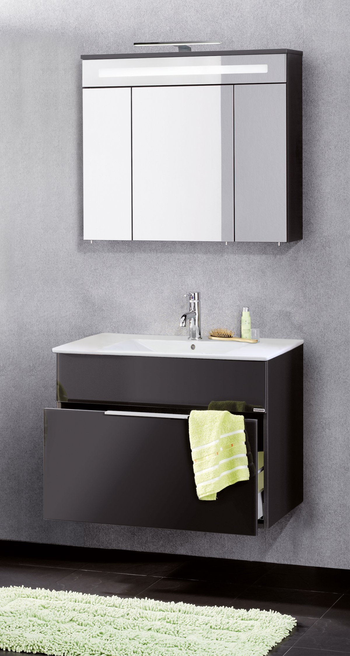 Kara LED Spiegelschrank Korpusfarbe: Anthrazit Frontfarbe: Anthrazit - Glas lackiert