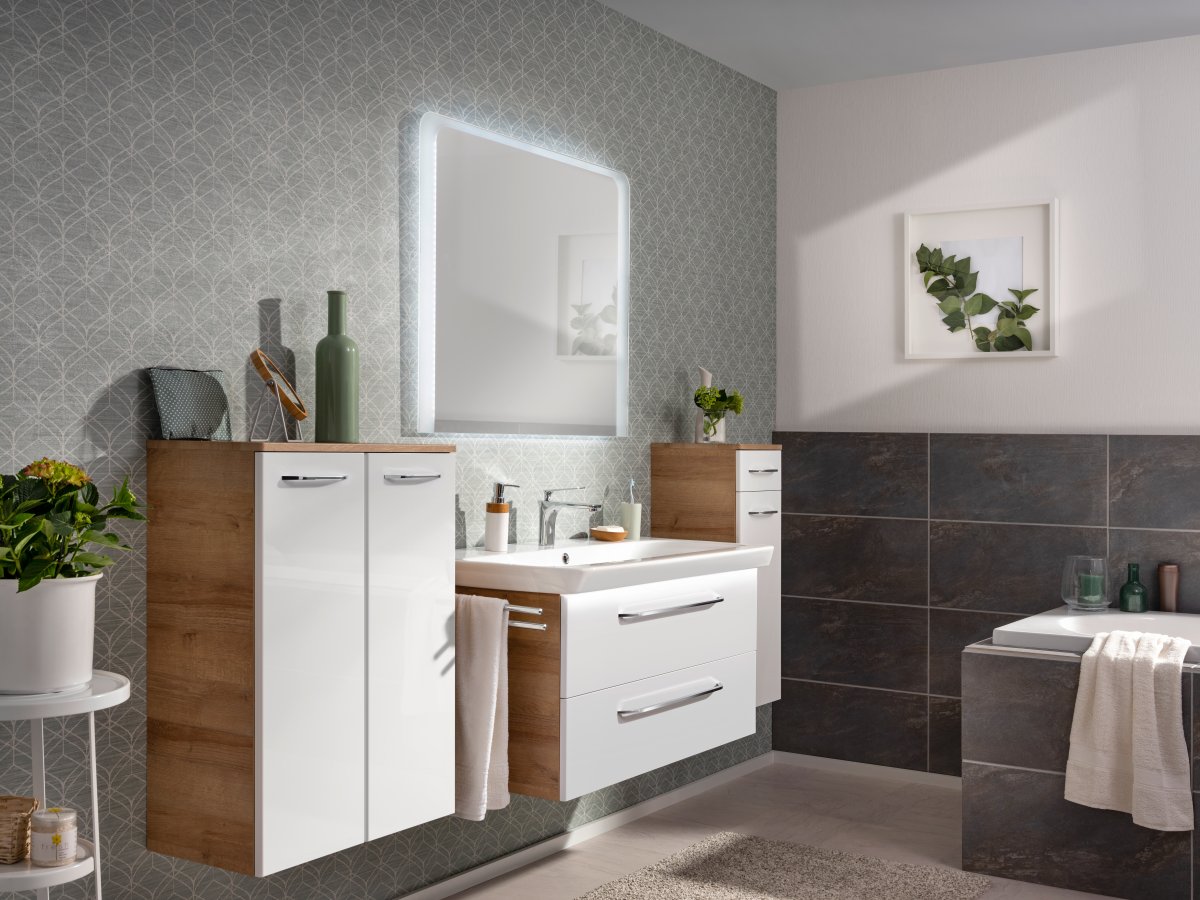 Milano Waschtischunterschrank 100cm - Weiß Hochglanz - Ast Eiche