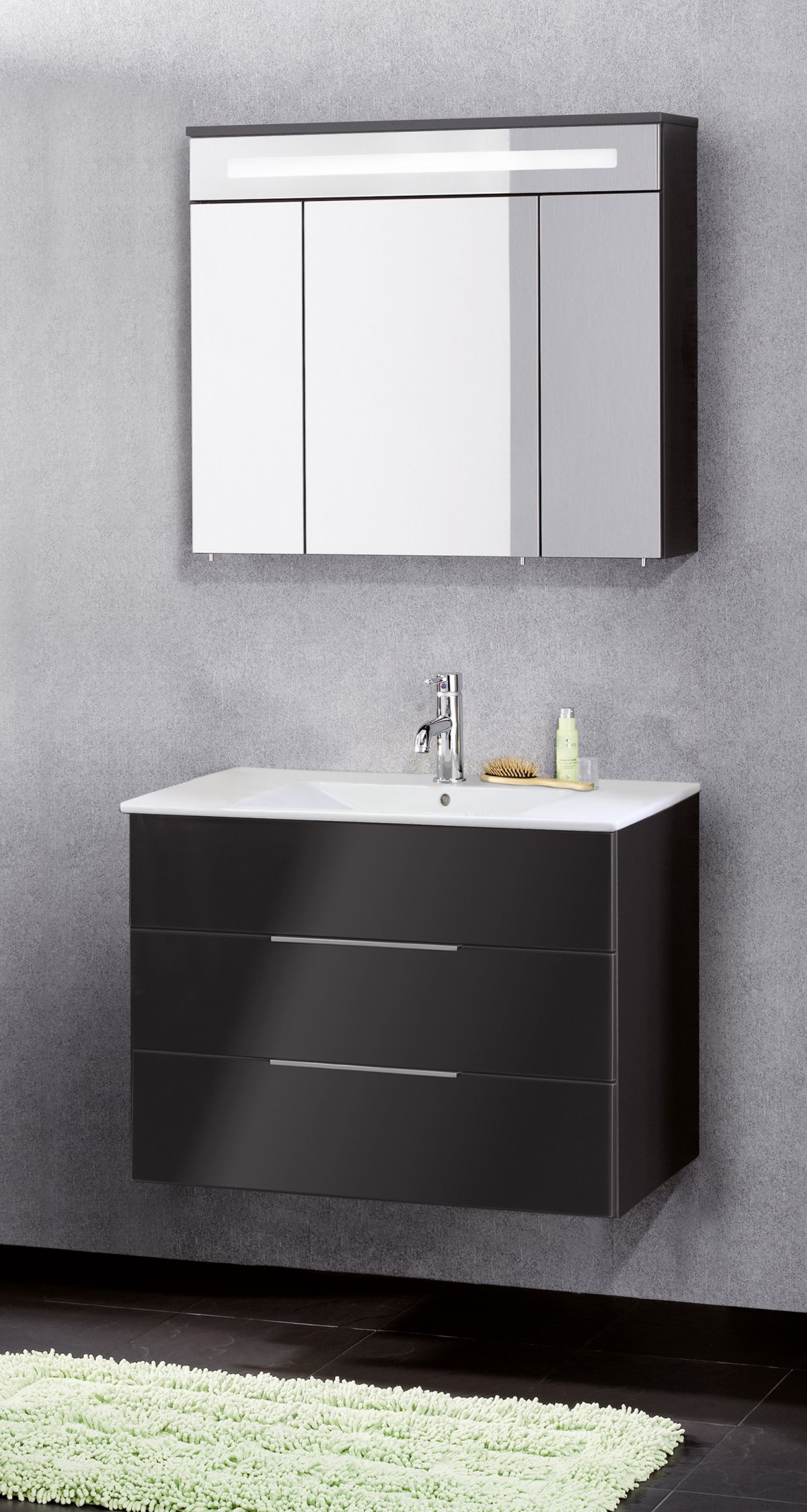 Kara LED Spiegelschrank Korpusfarbe: Anthrazit Frontfarbe: Anthrazit - Glas lackiert