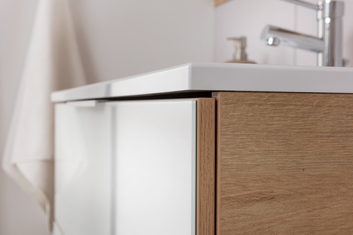 B.brillant Waschplatz Badmöbelset 100cm - Ast Eiche - Glas Weiß - Glaswaschtisch