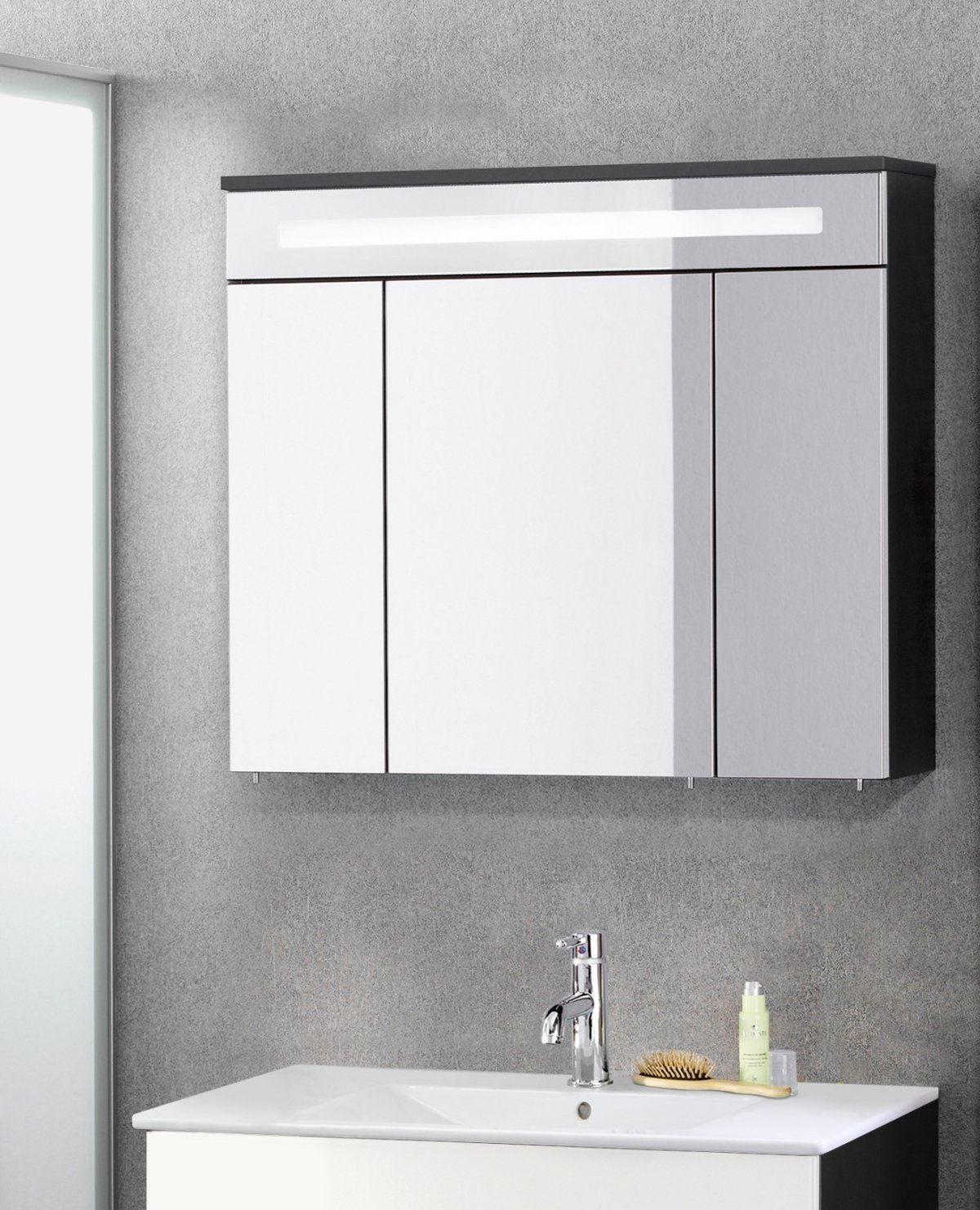 Kara LED Spiegelschrank Korpusfarbe: Anthrazit Frontfarbe: Weiß - Glas lackiert