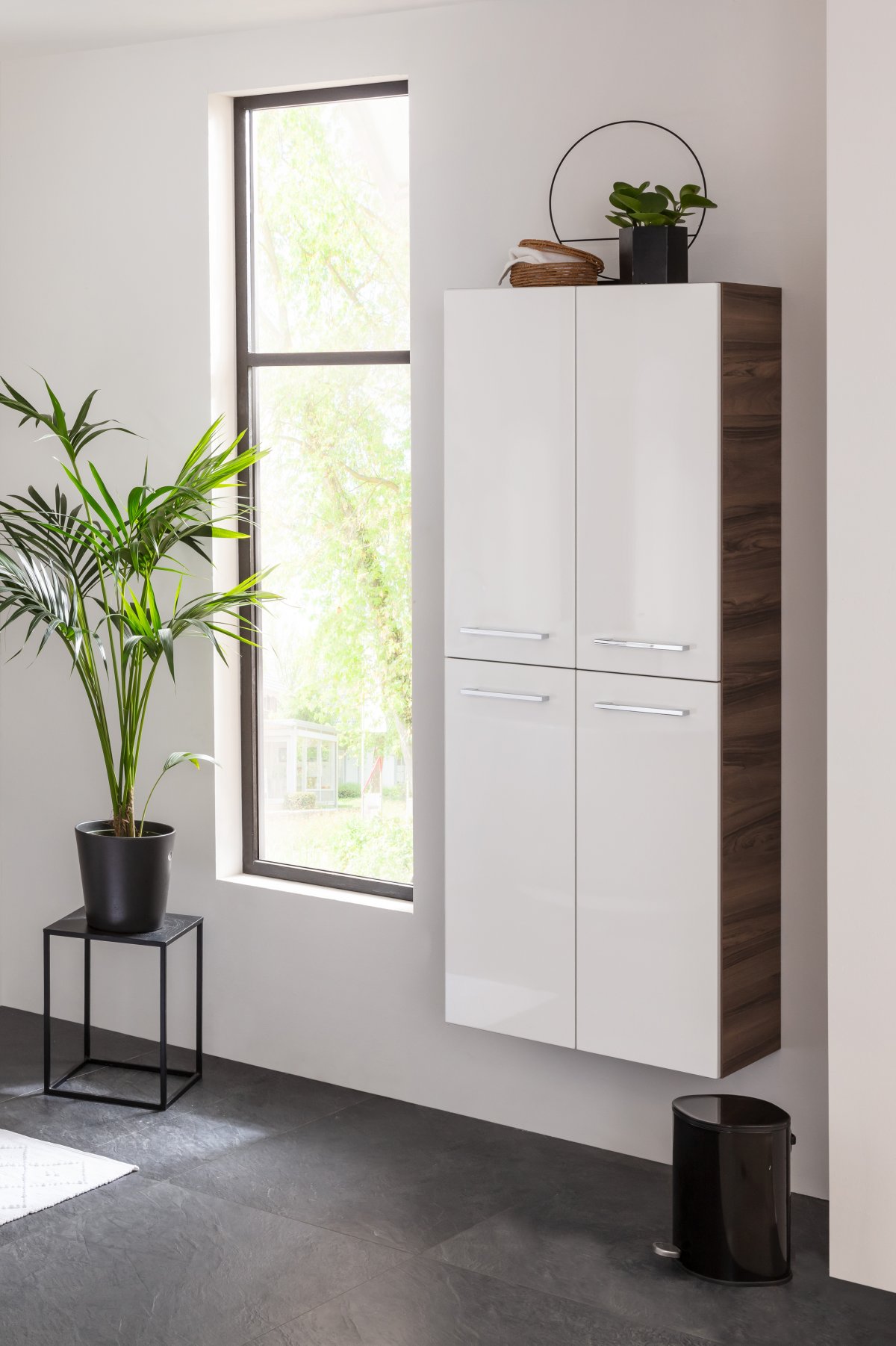 Verona Doppel Hochschrank- Weiß Hochglanz - Nussbaum
