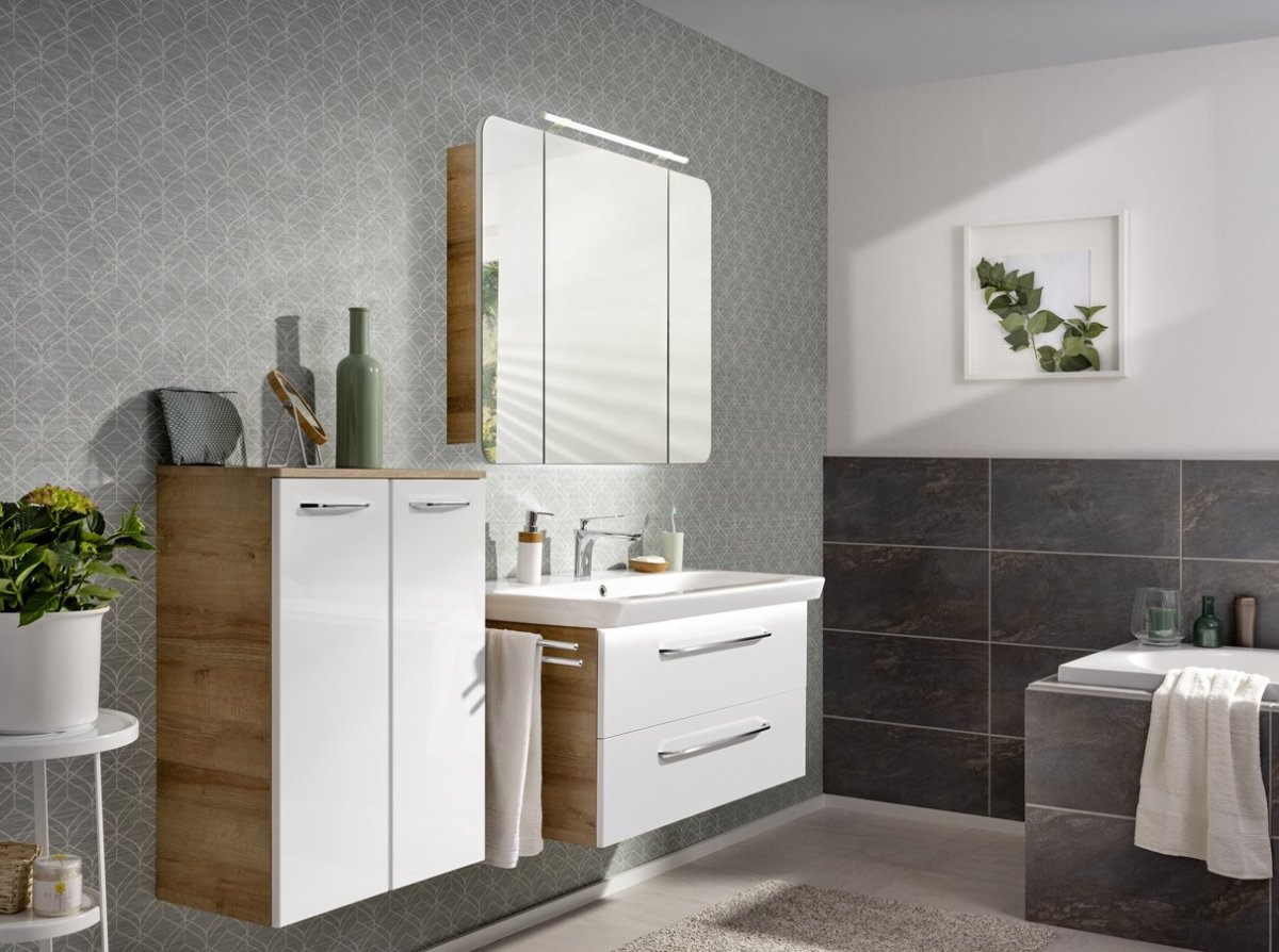 Milano Waschtischunterschrank 100cm - Weiß Hochglanz - Ast Eiche
