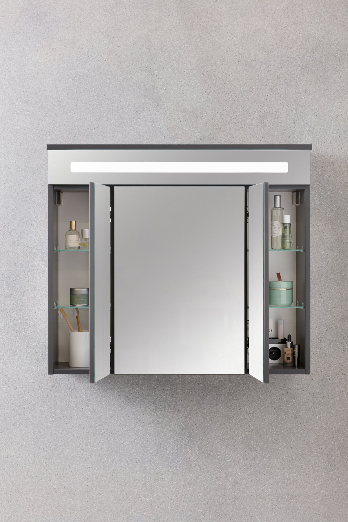 Kara LED Spiegelschrank Korpusfarbe: Anthrazit Frontfarbe: Anthrazit - Glas lackiert