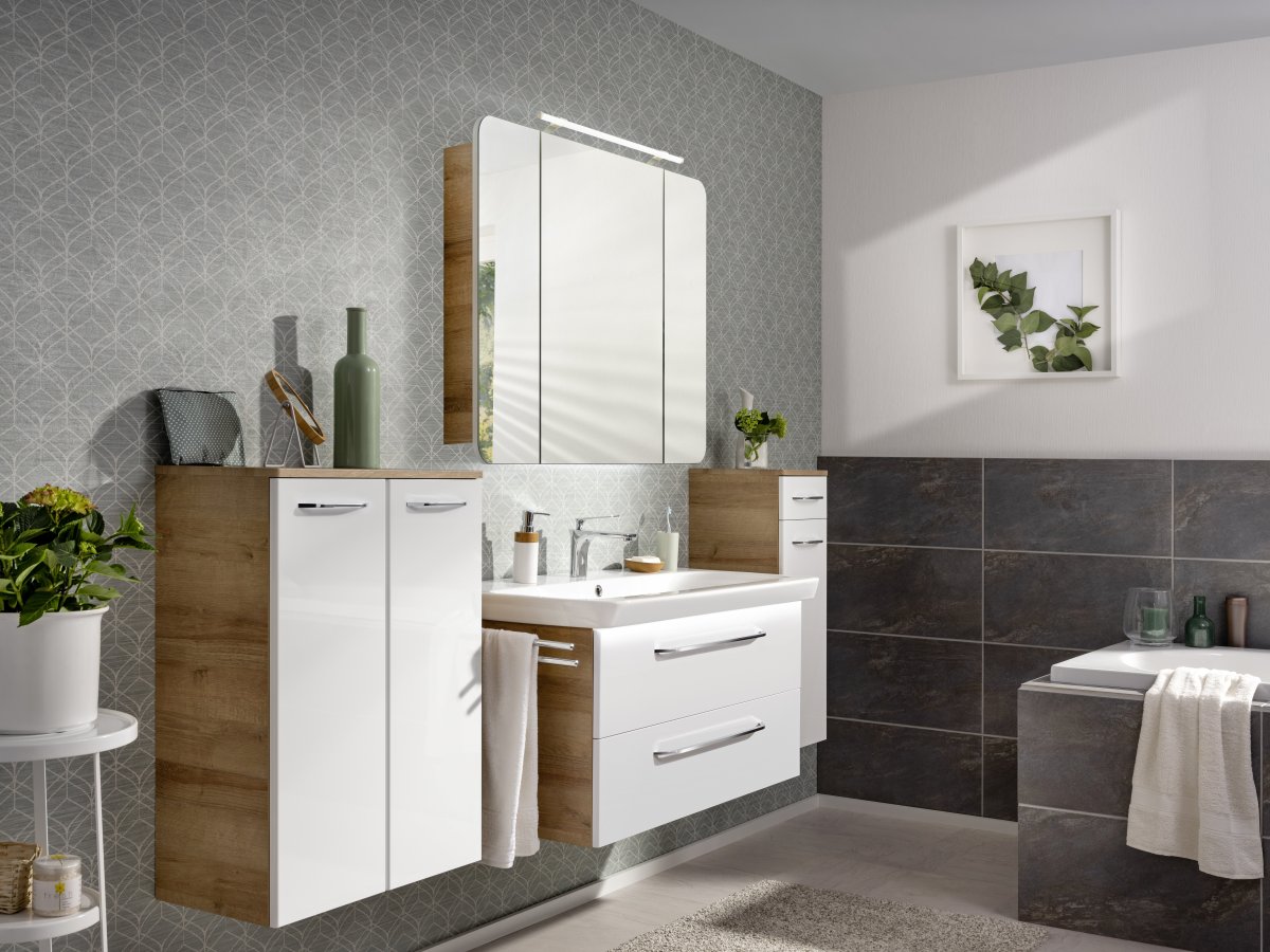 Milano Doppel-Midischrank - 60 cm - Weiß Hochglanz - Ast Eiche