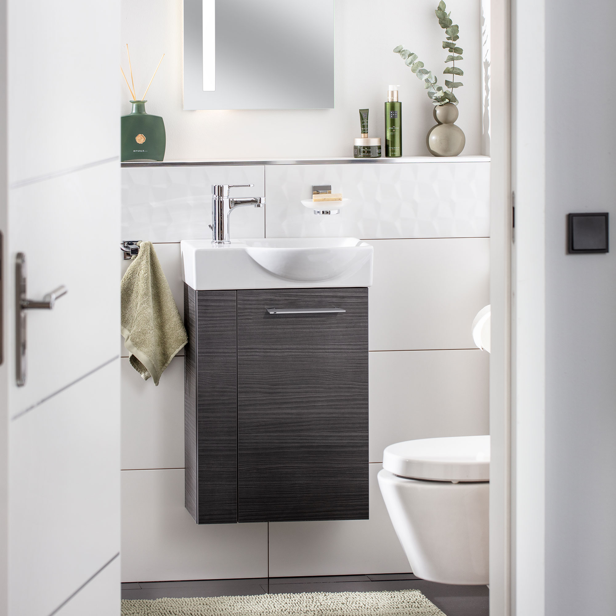 SBC Beckenunterschrank 45 - Front Dark-Oak - Korpus Dark-Oak - Rechtsanschlag