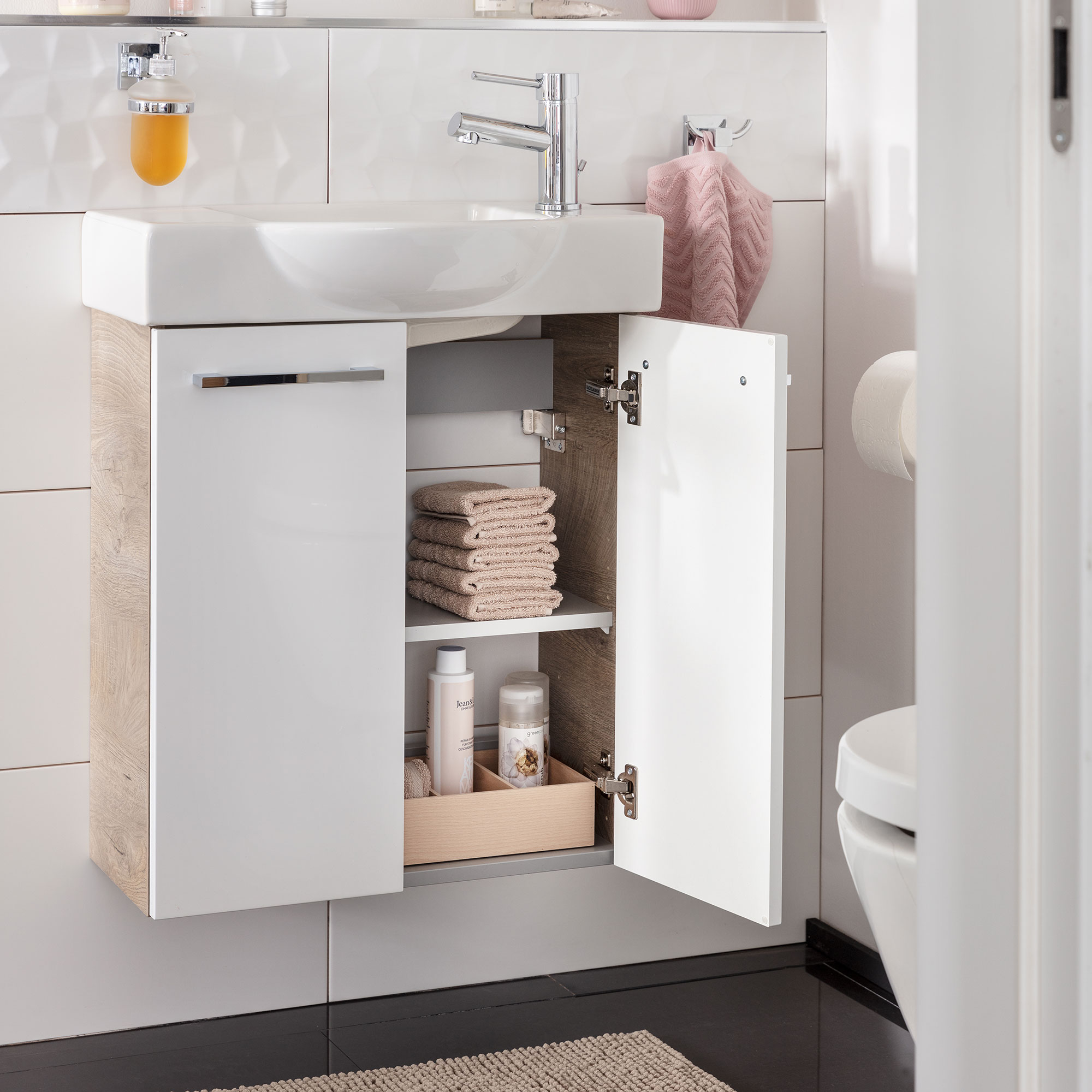 SBC Beckenunterschrank 55 Weiß Hochglanz - Nature-Oak-Optik