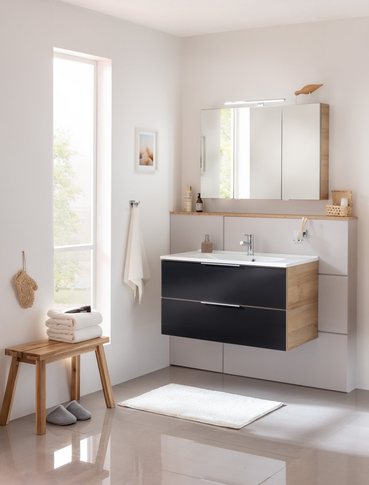 B.brillant Badmöbelset 100cm - Ast Eiche - Glas Anthrazit - Gussmarmor Waschtisch
