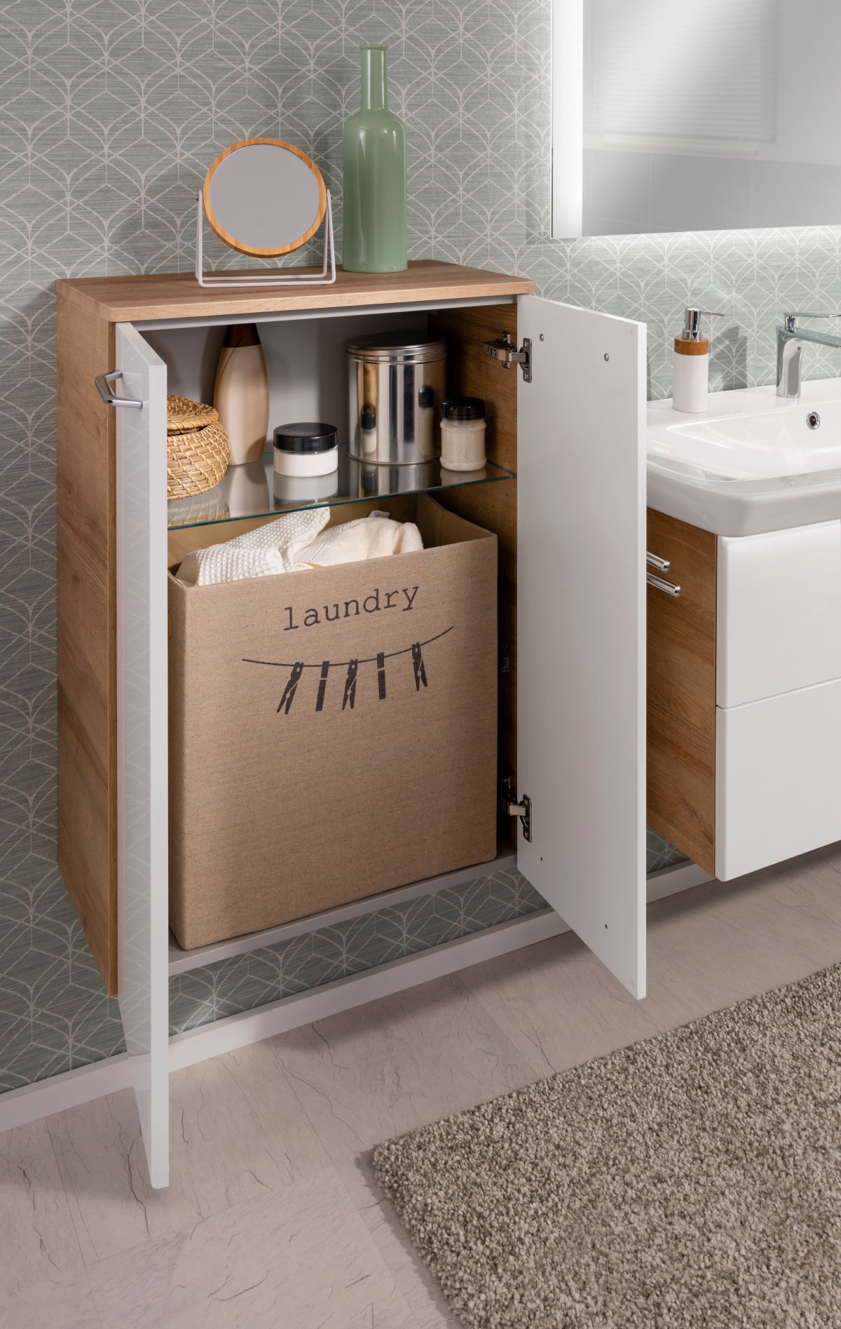 Milano Doppel-Midischrank - 60 cm - Weiß Hochglanz - Ast Eiche