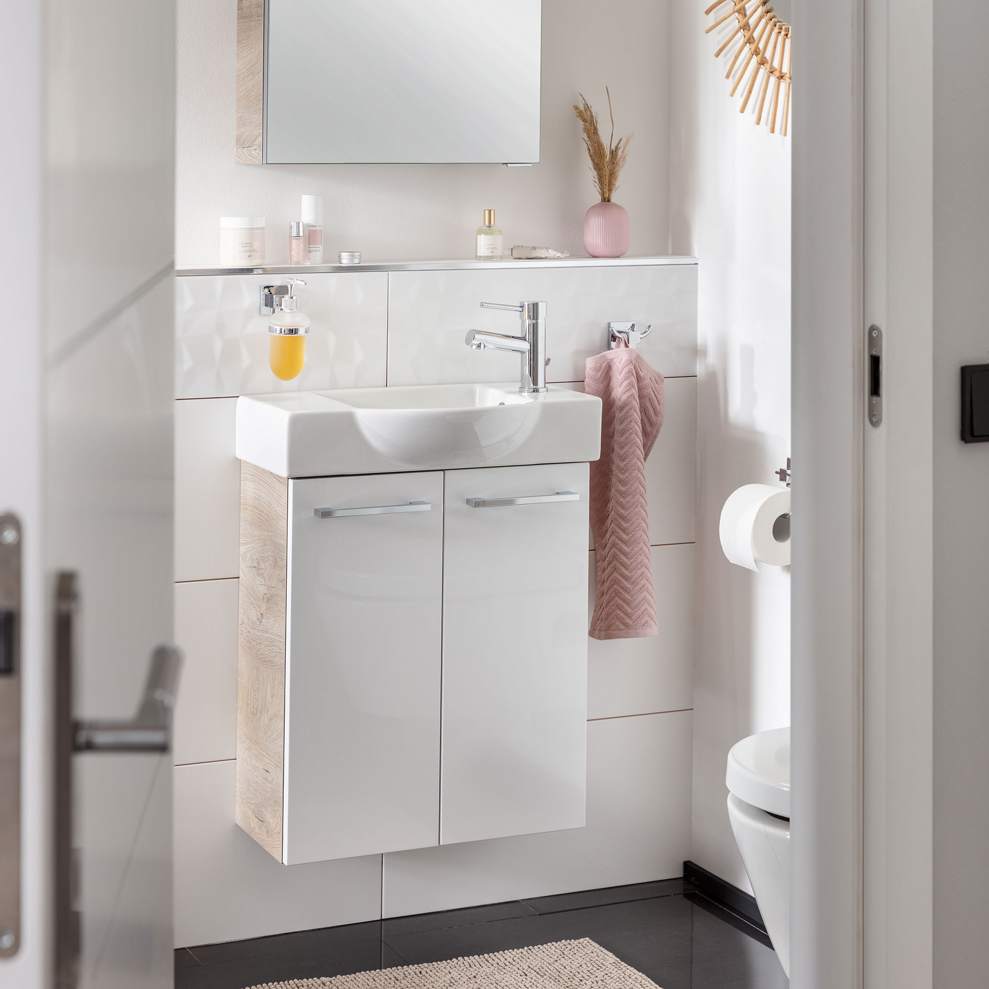 SBC Beckenunterschrank 55 Weiß Hochglanz - Nature-Oak-Optik