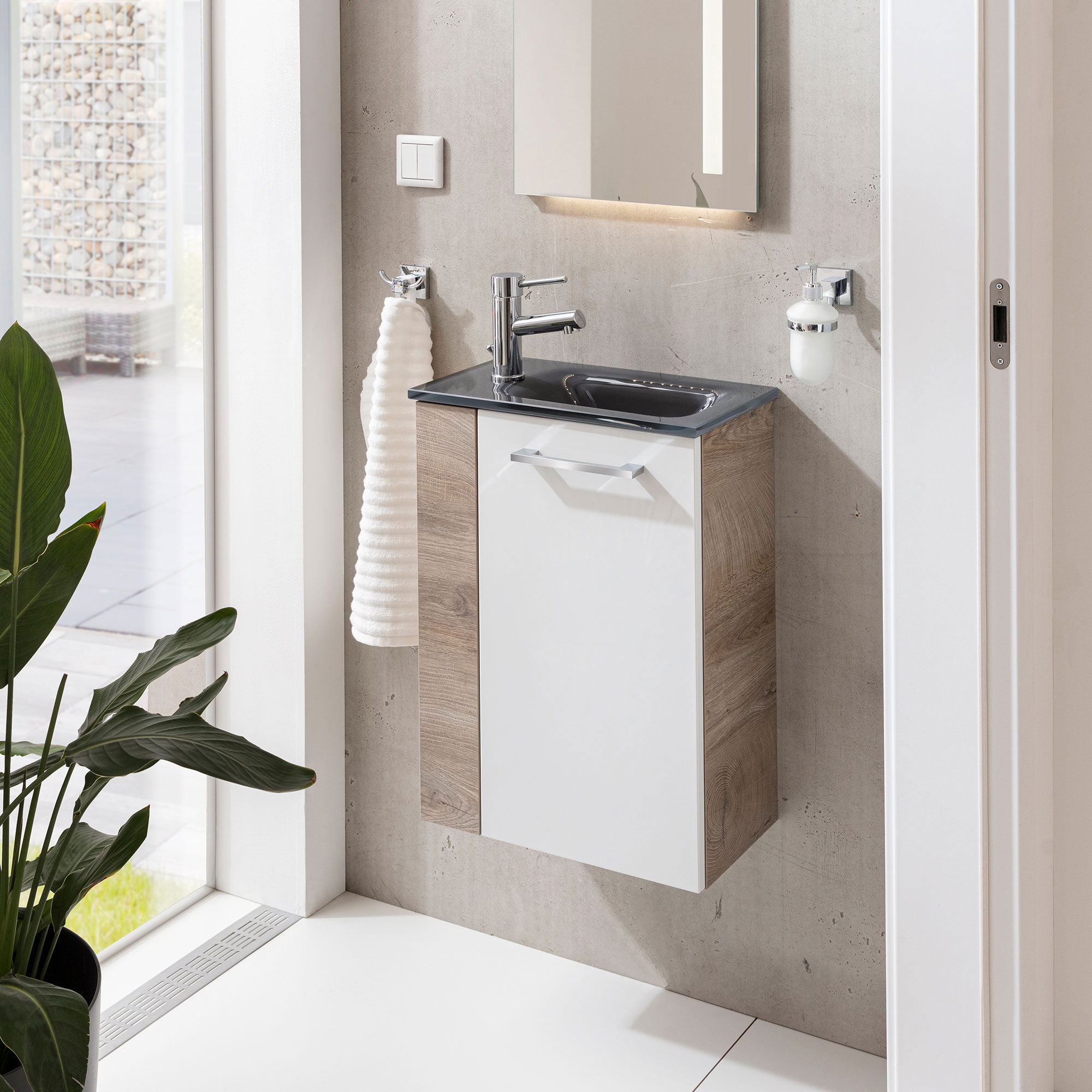 SBC Beckenunterschrank 45 - Front Weiß Hochglanz - Korpus Nature Oak - Rechtsanschlag