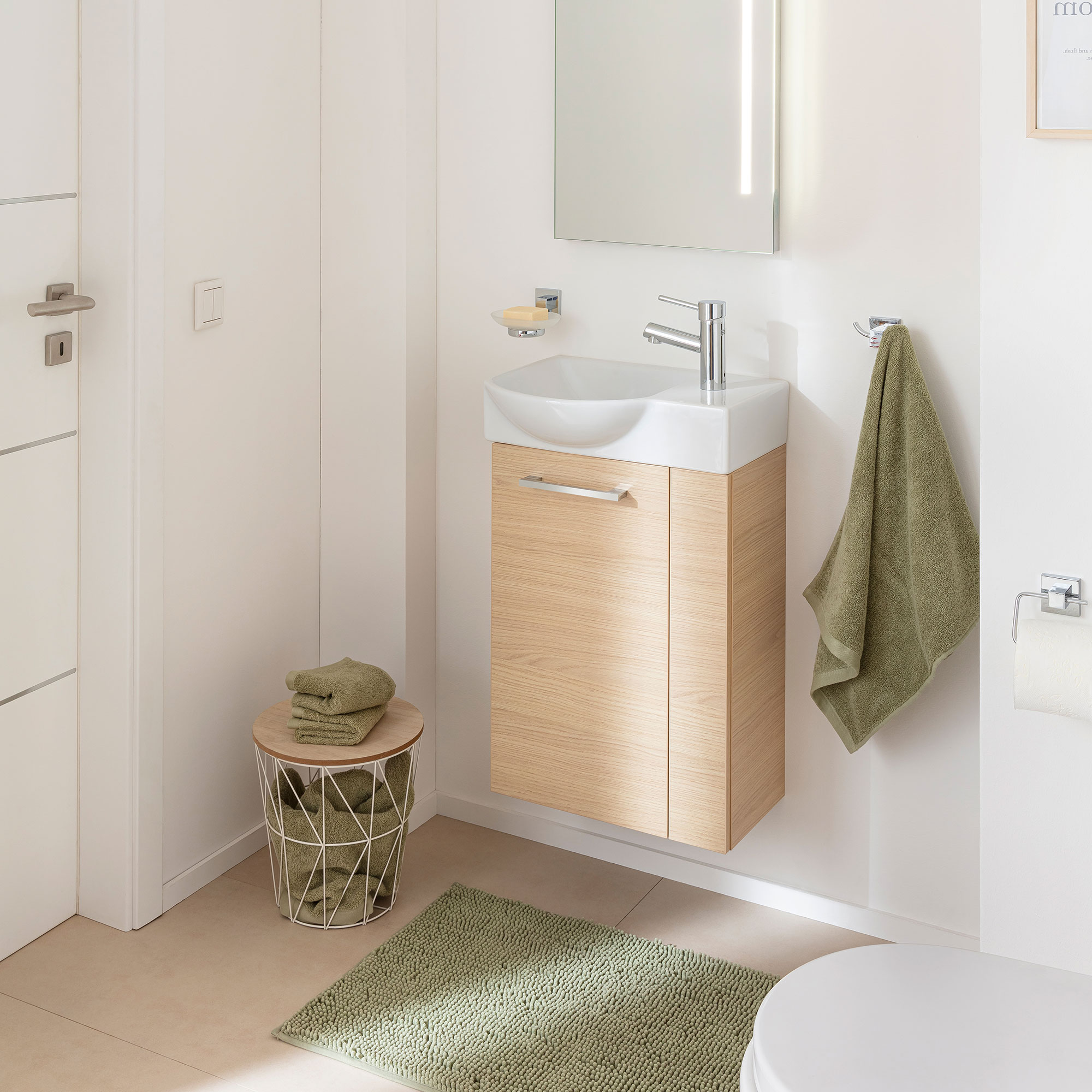 SBC Beckenunterschrank 45 - Front Sandeiche - Korpus Sandeiche - Linksanschlag