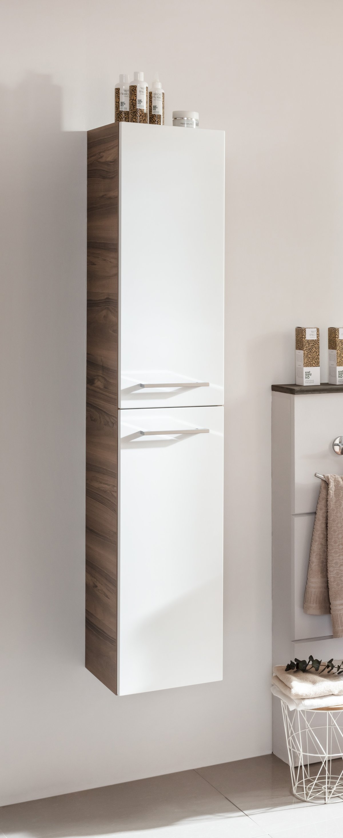 Verona Hochschrank links - Weiß Hochglanz - Nussbaum