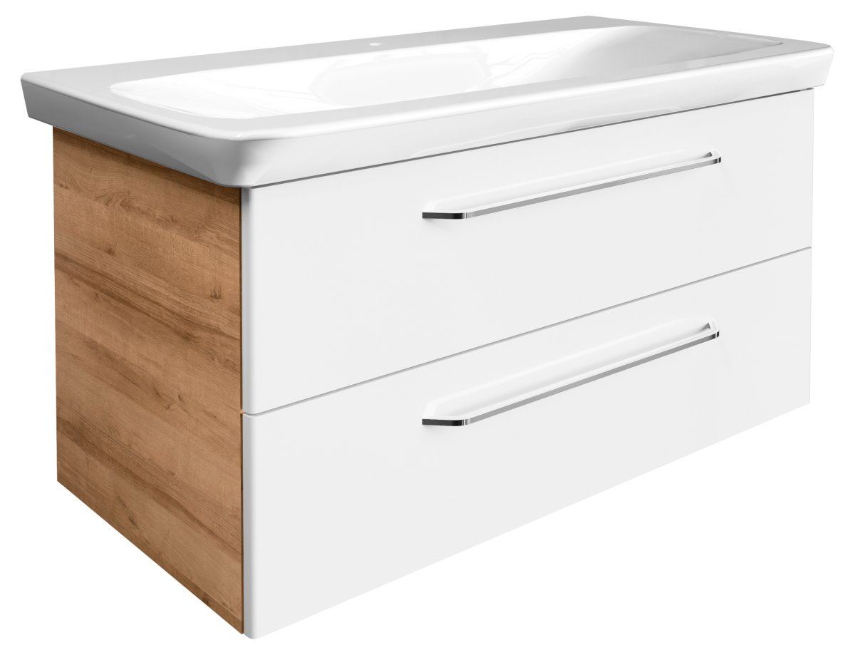 Milano Waschtischunterschrank 100cm - Weiß Hochglanz - Ast Eiche